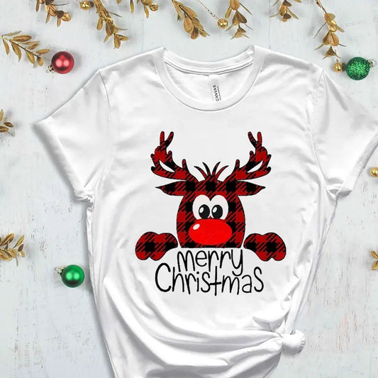 Plaid Christmas Reindeer T Shirt